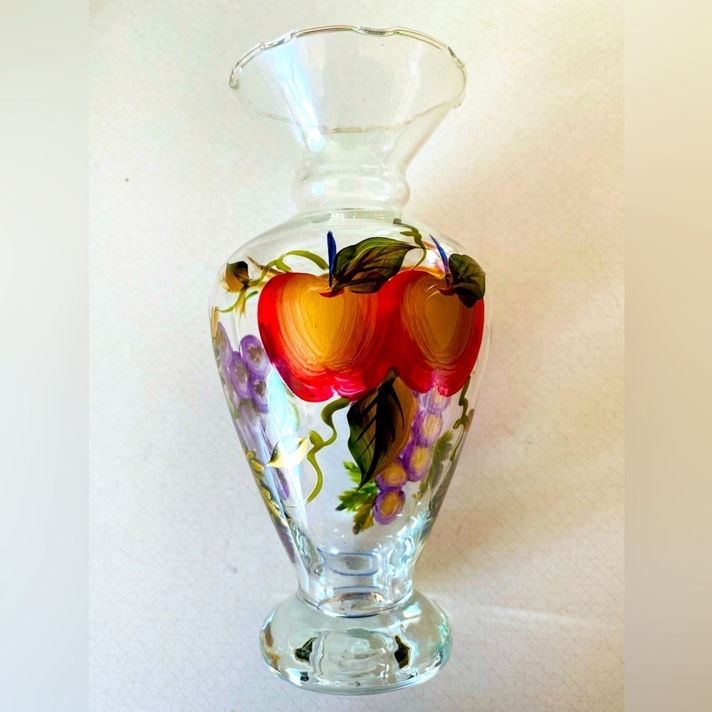 Vintage hand painted apples and grapes glass vase.